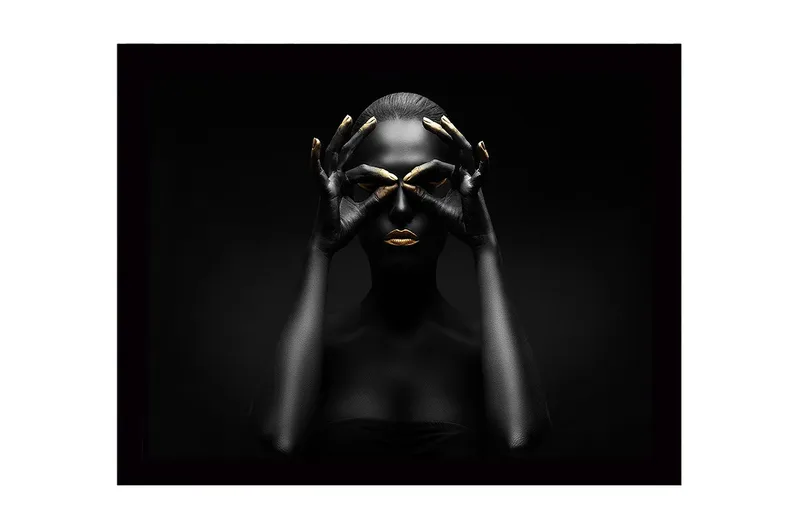 Inramad Canvastavla i trä - 41x56 cm - Mörk silhuett av en kvinna med guldiga detaljer som formar en mask, Svart / Guld