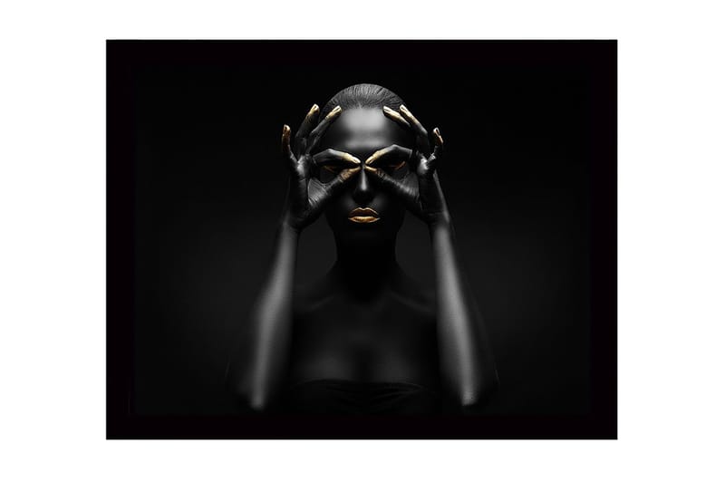 Inramad Canvastavla i trä - 41x56 cm - Mörk silhuett av en kvinna med guldiga detaljer som formar en mask, Svart / Guld