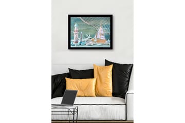 Inramad Canvastavla i trä - 41x56 cm - Maritim scen med segelbåt och fyrar - Turkos / Vit / Beige - Inredning - Tavlor & posters - Canvastavla
