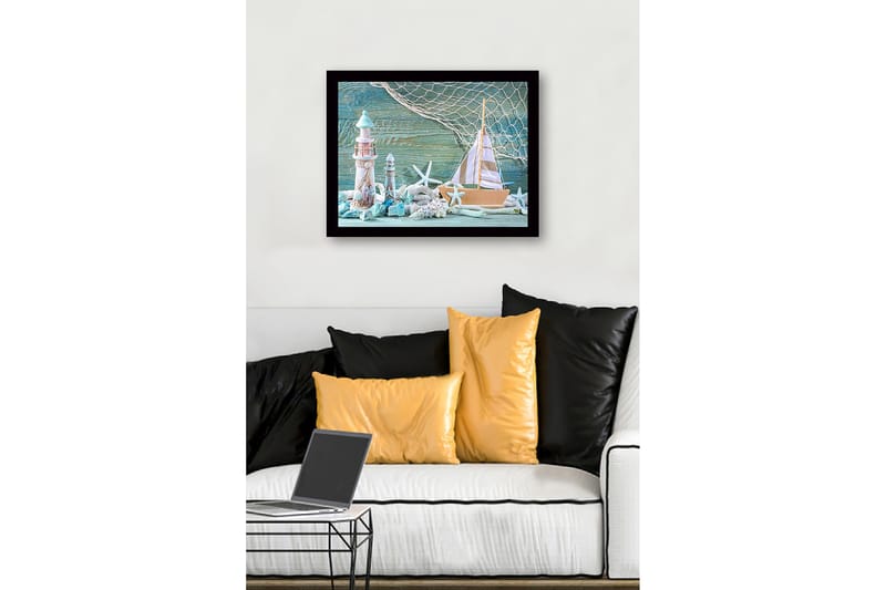 Inramad Canvastavla i trä - 41x56 cm - Maritim scen med segelbåt och fyrar - Turkos / Vit / Beige - Inredning - Tavlor & posters - Canvastavla