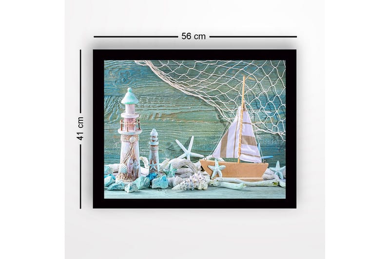 Inramad Canvastavla i trä - 41x56 cm - Maritim scen med segelbåt och fyrar - Turkos / Vit / Beige - Inredning - Tavlor & posters - Canvastavla