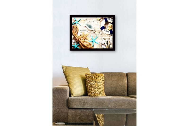 Inramad Canvastavla i trä - 41x56 cm - Maritim stillhet med snäckor, stjärnor och en livboj - Blå / Beige / Orange - Inredning - Tavlor & posters - Canvastavla