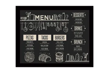 Inramad Canvastavla i trä - 41x56 cm - Meny med mat och dryck i skissartad stil - Svart / Beige - Inredning - Tavlor & posters - Canvastavla