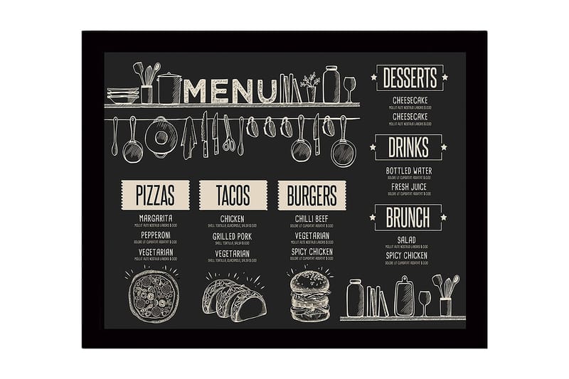 Inramad Canvastavla i trä - 41x56 cm - Meny med mat och dryck i skissartad stil - Svart / Beige - Inredning - Tavlor & posters - Canvastavla