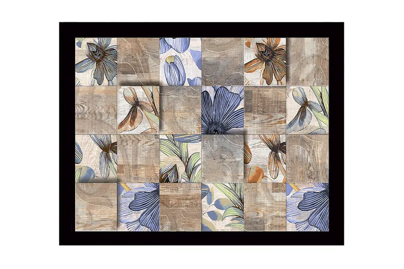 Inramad Canvastavla i trä - 41x56 cm - Mosaik av blommor i olika färger och former, Beige / Blå / Brun