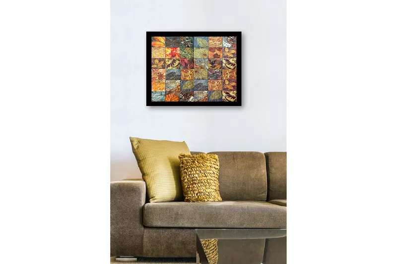 Inramad Canvastavla i trä - 41x56 cm - Mosaik av olika löv i varierande färger och texturer - Guld / Röd / Grön - Inredning - Tavlor & posters - Canvastavla