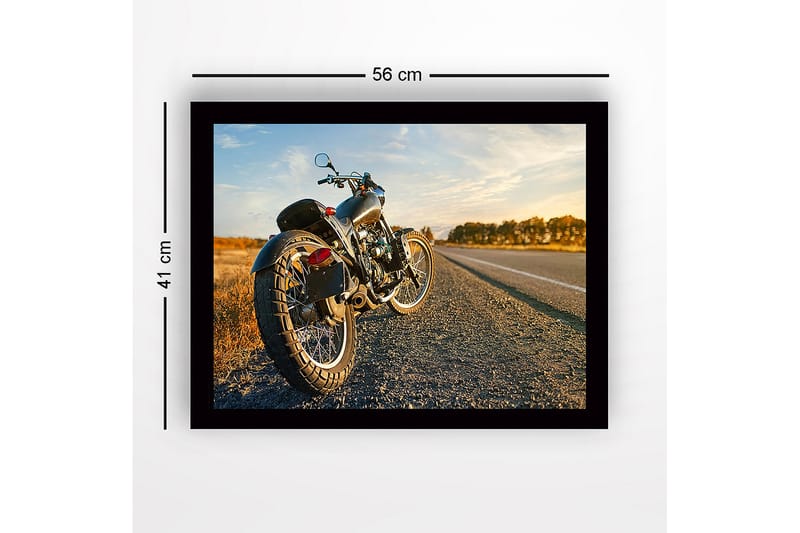 Inramad Canvastavla i trä - 41x56 cm - Motorcykel i solnedgångens ljus längs en öde väg - Svart / Orange / Grå - Inredning - Tavlor & posters - Canvastavla
