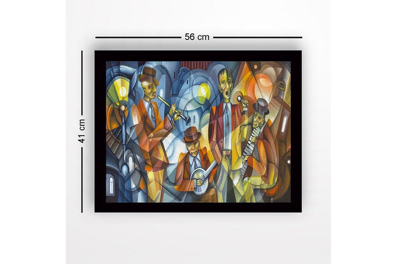 Inramad Canvastavla i trä - 41x56 cm - Musikaliskt framträdande med fyra musiker i färgglada kläder - Mörkblå / Orange / Gul - Inredning - Tavlor & posters - Canvastavla