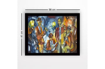 Inramad Canvastavla i trä - 41x56 cm - Musikaliskt framträdande med fyra musiker i färgglada kläder - Mörkblå / Orange / Gul - Inredning - Tavlor & posters - Canvastavla