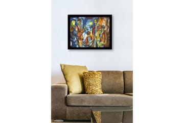 Inramad Canvastavla i trä - 41x56 cm - Musikaliskt framträdande med fyra musiker i färgglada kläder - Mörkblå / Orange / Gul - Inredning - Tavlor & posters - Canvastavla