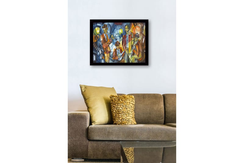 Inramad Canvastavla i trä - 41x56 cm - Musikaliskt framträdande med fyra musiker i färgglada kläder - Mörkblå / Orange / Gul - Inredning - Tavlor & posters - Canvastavla