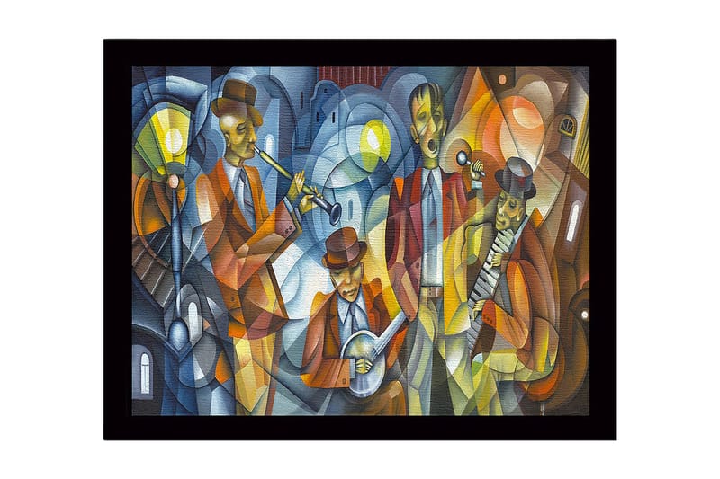 Inramad Canvastavla i trä - 41x56 cm - Musikaliskt framträdande med fyra musiker i färgglada kläder, Mörkblå / Orange / Gul