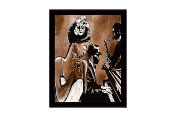 Inramad Canvastavla i trä - 41x56 cm - Musikaliskt framträdande med sångerska och musiker - Mörkbrun / Beige / Svart - Inredning - Tavlor & posters - Canvastavla