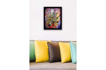 Inramad Canvastavla i trä - 41x56 cm - Musikaliskt uttryck med instrument och abstrakta former - Guld / Röd / Blå - Inredning - Tavlor & posters - Canvastavla