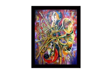 Inramad Canvastavla i trä - 41x56 cm - Musikaliskt uttryck med instrument och abstrakta former - Guld / Röd / Blå - Inredning - Tavlor & posters - Canvastavla