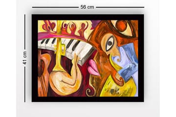 Inramad Canvastavla i trä - 41x56 cm - Musikaliskt uttryck med instrument och ansikten - Gul / Röd / Brun - Inredning - Tavlor & posters - Canvastavla