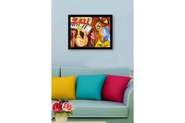 Inramad Canvastavla i trä - 41x56 cm - Musikaliskt uttryck med instrument och ansikten - Gul / Röd / Brun - Inredning - Tavlor & posters - Canvastavla