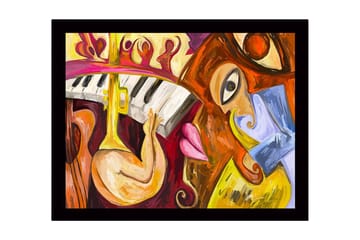 Inramad Canvastavla i trä - 41x56 cm - Musikaliskt uttryck med instrument och ansikten - Gul / Röd / Brun - Inredning - Tavlor & posters - Canvastavla