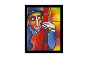 Inramad Canvastavla i trä - 41x56 cm - Musiker med kontrabas i en färgstark komposition - Röd / Blå / Gul - Inredning - Tavlor & posters - Canvastavla