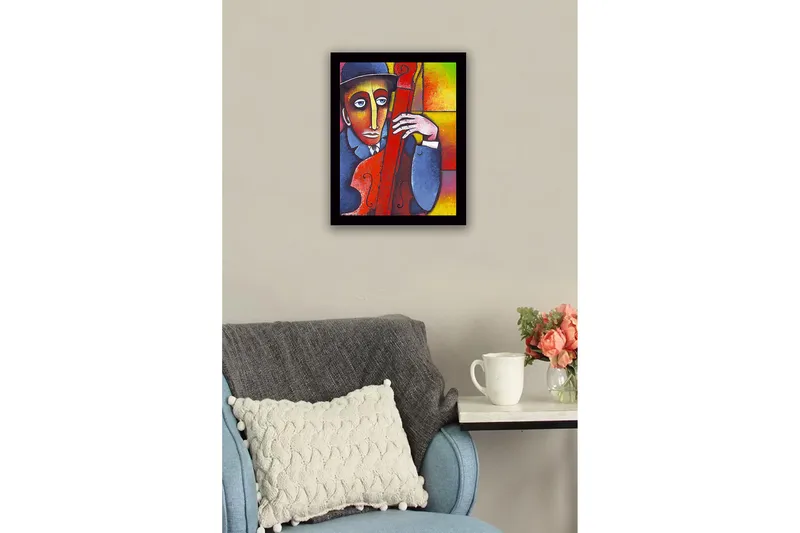 Inramad Canvastavla i trä - 41x56 cm - Musiker med kontrabas i en färgstark komposition - Röd / Blå / Gul - Inredning - Tavlor & posters - Canvastavla