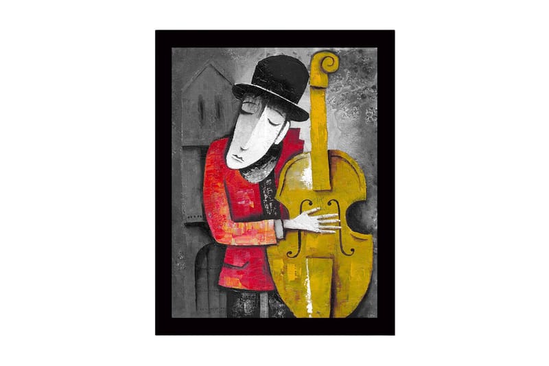 Inramad Canvastavla i trä - 41x56 cm - Musiker som omfamnar en kontrabas, Gul / Röd / Grå