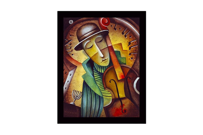 Inramad Canvastavla i trä - 41x56 cm - Musiker som spelar fiol med en drömmande uttryck, Guld / Grön / Brun