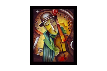 Inramad Canvastavla i trä - 41x56 cm - Musiker som spelar fiol med en drömmande uttryck - Guld / Grön / Brun - Inredning - Tavlor & posters - Canvastavla