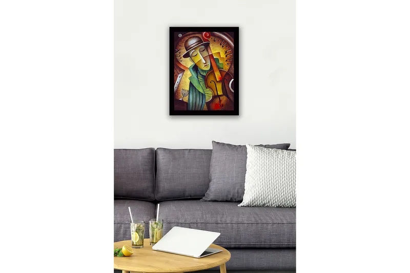 Inramad Canvastavla i trä - 41x56 cm - Musiker som spelar fiol med en drömmande uttryck - Guld / Grön / Brun - Inredning - Tavlor & posters - Canvastavla