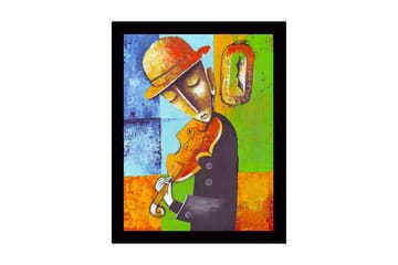 Inramad Canvastavla i trä - 41x56 cm - Musiker som spelar fiol med en känsla av tidens gång - Blå / Grön / Orange - Inredning - Tavlor & posters - Canvastavla