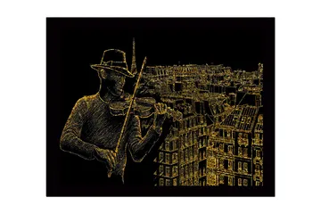Inramad Canvastavla i trä - 41x56 cm - Musiker som spelar fiol med en stadssilhuett i bakgrunden - Guld / Svart - Inredning - Tavlor & posters - Canvastavla