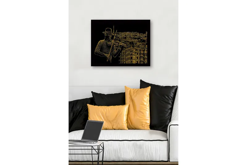 Inramad Canvastavla i trä - 41x56 cm - Musiker som spelar fiol med en stadssilhuett i bakgrunden - Guld / Svart - Inredning - Tavlor & posters - Canvastavla