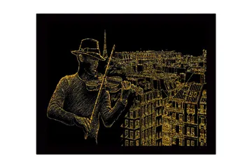 Inramad Canvastavla i trä - 41x56 cm - Musiker som spelar fiol med en stadssilhuett i bakgrunden - Guld / Svart - Inredning - Tavlor & posters - Canvastavla