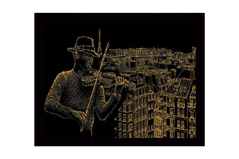 Inramad Canvastavla i trä - 41x56 cm - Musiker som spelar fiol med en stadssilhuett i bakgrunden, Guld / Svart