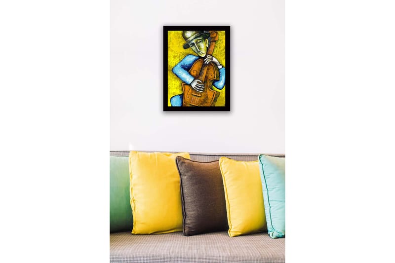 Inramad Canvastavla i trä - 41x56 cm - Musiker som spelar kontrabas med känslosamt uttryck - Gult / Blått / Brunt - Inredning - Tavlor & posters - Canvastavla