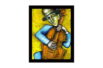 Inramad Canvastavla i trä - 41x56 cm - Musiker som spelar kontrabas med känslosamt uttryck - Gult / Blått / Brunt - Inredning - Tavlor & posters - Canvastavla