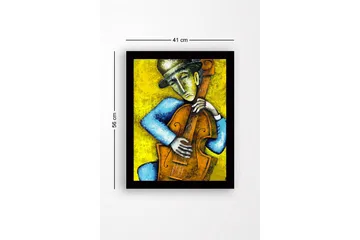 Inramad Canvastavla i trä - 41x56 cm - Musiker som spelar kontrabas med känslosamt uttryck - Gult / Blått / Brunt - Inredning - Tavlor & posters - Canvastavla