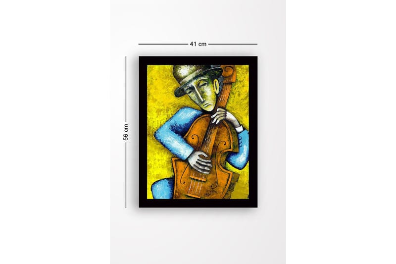 Inramad Canvastavla i trä - 41x56 cm - Musiker som spelar kontrabas med känslosamt uttryck - Gult / Blått / Brunt - Inredning - Tavlor & posters - Canvastavla