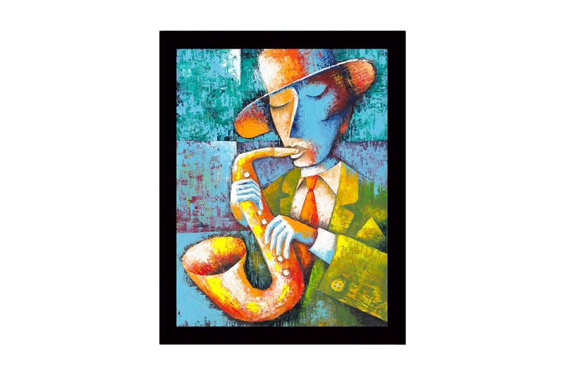 Inramad Canvastavla i trä - 41x56 cm - Musiker som spelar saxofon med en färgglad och uttrycksfull stil, Gul / Grön / Blå