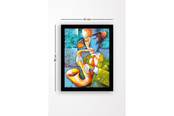 Inramad Canvastavla i trä - 41x56 cm - Musiker som spelar saxofon med en färgglad och uttrycksfull stil - Gul / Grön / Blå - Inredning - Tavlor & posters - Canvastavla