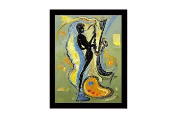 Inramad Canvastavla i trä - 41x56 cm - Musiker som spelar saxofon med färgstarka svängningar runtomkring - Svart / Gult / Blått - Inredning - Tavlor & posters - Canvastavla