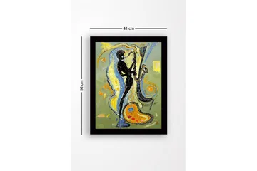 Inramad Canvastavla i trä - 41x56 cm - Musiker som spelar saxofon med färgstarka svängningar runtomkring - Svart / Gult / Blått - Inredning - Tavlor & posters - Canvastavla