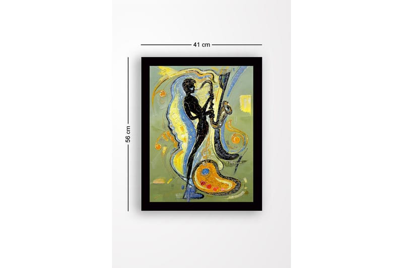 Inramad Canvastavla i trä - 41x56 cm - Musiker som spelar saxofon med färgstarka svängningar runtomkring - Svart / Gult / Blått - Inredning - Tavlor & posters - Canvastavla