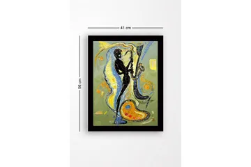Inramad Canvastavla i trä - 41x56 cm - Musiker som spelar saxofon med färgstarka svängningar runtomkring - Svart / Gult / Blått - Inredning - Tavlor & posters - Canvastavla