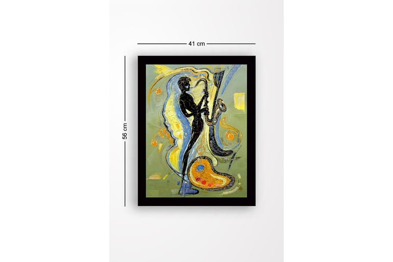 Inramad Canvastavla i trä - 41x56 cm - Musiker som spelar saxofon med färgstarka svängningar runtomkring - Svart / Gult / Blått - Inredning - Tavlor & posters - Canvastavla