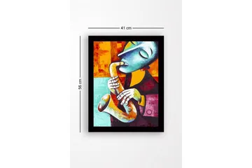 Inramad Canvastavla i trä - 41x56 cm - Musiker som spelar saxofon med uttrycksfulla ansiktsdrag - Turkos / Orange / Mörkröd - Inredning - Tavlor & posters - Canvastavla