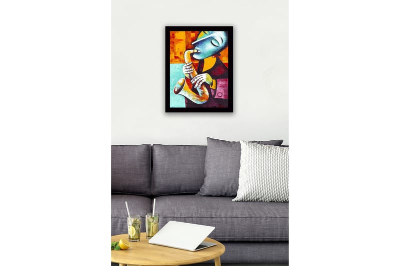 Inramad Canvastavla i trä - 41x56 cm - Musiker som spelar saxofon med uttrycksfulla ansiktsdrag - Turkos / Orange / Mörkröd - Inredning - Tavlor & posters - Canvastavla