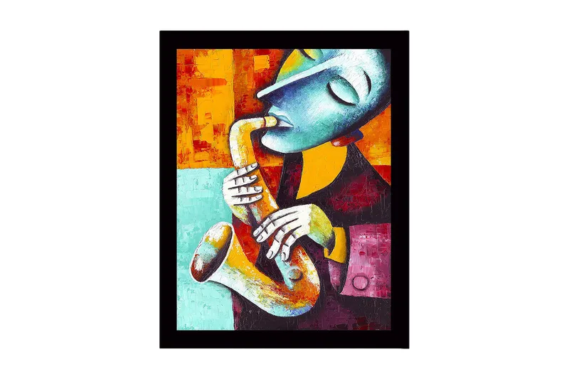 Inramad Canvastavla i trä - 41x56 cm - Musiker som spelar saxofon med uttrycksfulla ansiktsdrag, Turkos / Orange / Mörkröd