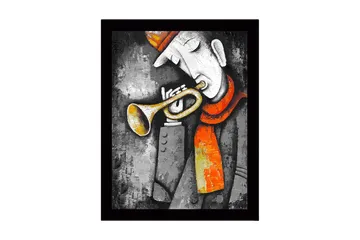 Inramad Canvastavla i trä - 41x56 cm - Musiker som spelar trumpet med en röd scarf - Grå / Orange / Gul - Inredning - Tavlor & posters - Canvastavla