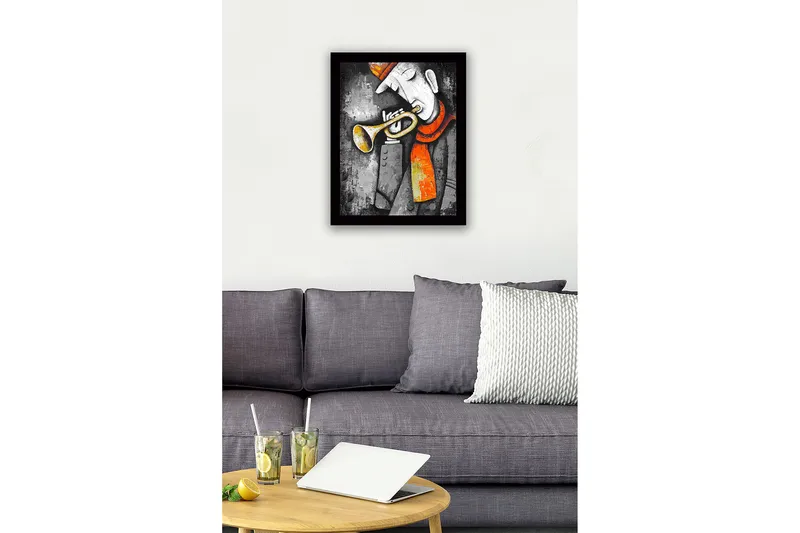 Inramad Canvastavla i trä - 41x56 cm - Musiker som spelar trumpet med en röd scarf - Grå / Orange / Gul - Inredning - Tavlor & posters - Canvastavla