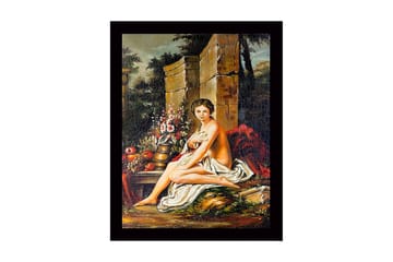 Inramad Canvastavla i trä - 41x56 cm - Naken kvinna sittande med blommor och frukter i en naturskön miljö - Hudton / Grön / Röd - Inredning - Tavlor & posters - Canvastavla